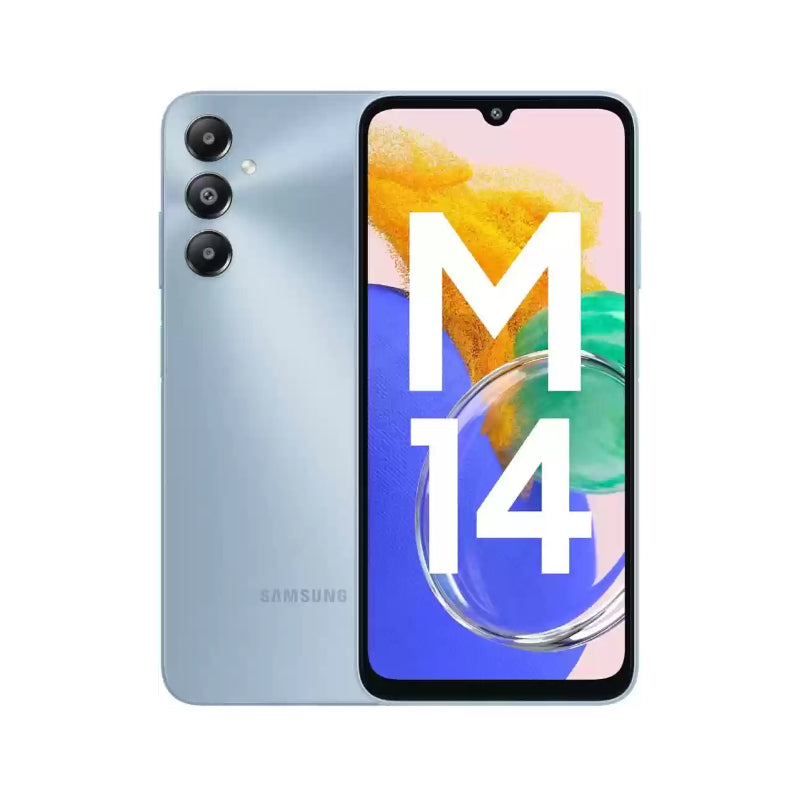 Samsung Galaxy M14 smartphone in blue color with a display showing the front camera and the Samsung logo, alongside a graphic representation of the 50MP camera module on the back.